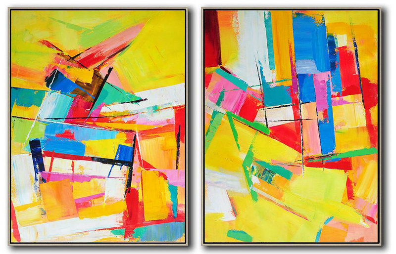 Extra Large Acrylic Painting On Canvas,Set Of 2 Contemporary Art On Canvas,Abstract Art Decor,Contemporary Painting,Yellow,Blue,Red,Pink,Green.Etc